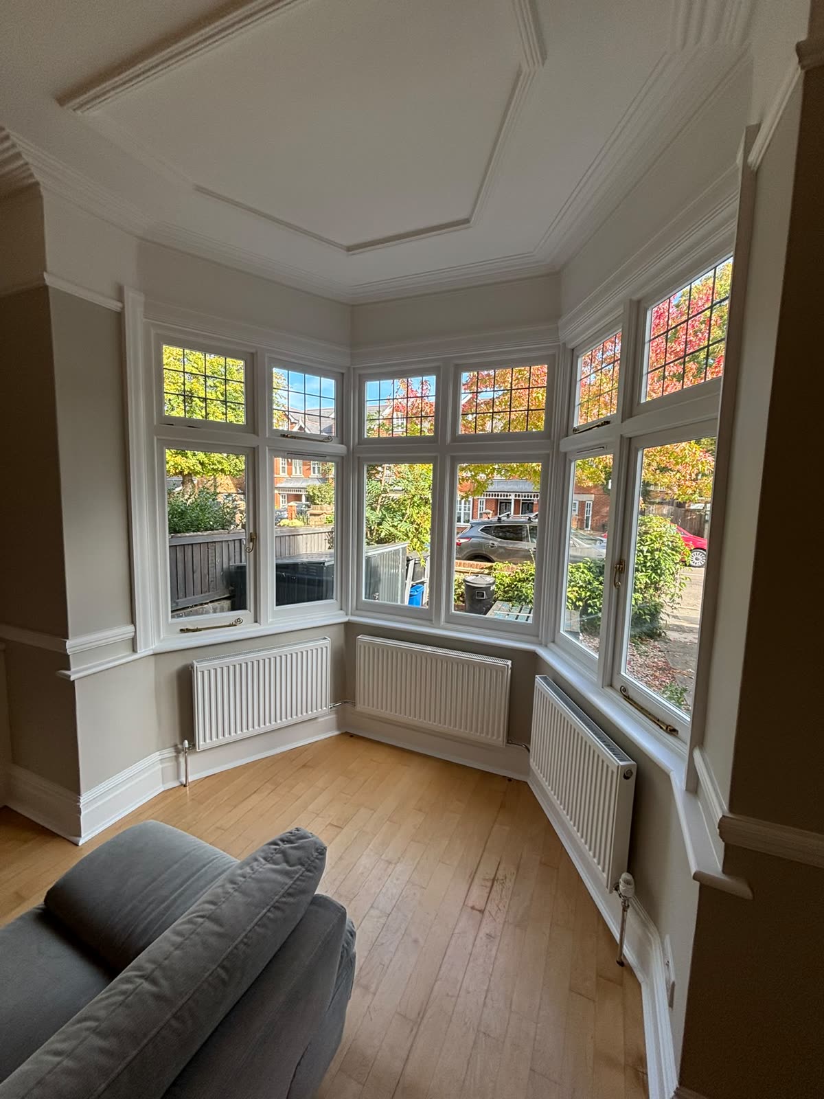 Bay window with leaded lights and freshly painted joinery